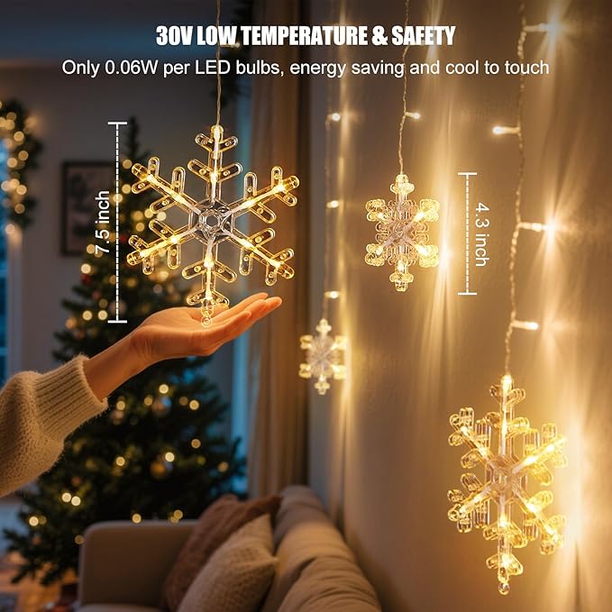 Minetom Christmas Snowflake Lights - 13ft 192LED Snowflake Icicle Lights with 16 Drops 12 Modes and Timer IP65 Waterproof Connectable Christmas Light for House Eave Indoor Outdoor (Warm White)