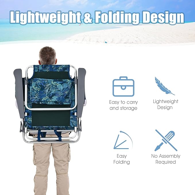 Giantex Folding Beach Chair Patio Sling Chairs with 5 Adjustable Position Head Pillow Storage Bag Towel Bar Cup Holders Backpack Chairs for Sunbathing Camping Chair