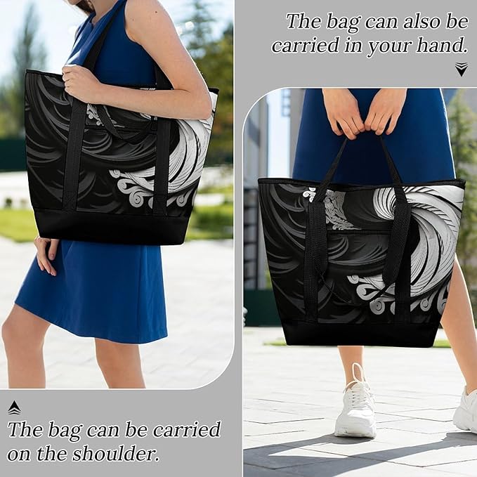 Insulated Shopping BagLarge Reusable Cooler Bags Black And White Image Printed Foldable Shopping BagTravel Waterproof Shoulder Bag