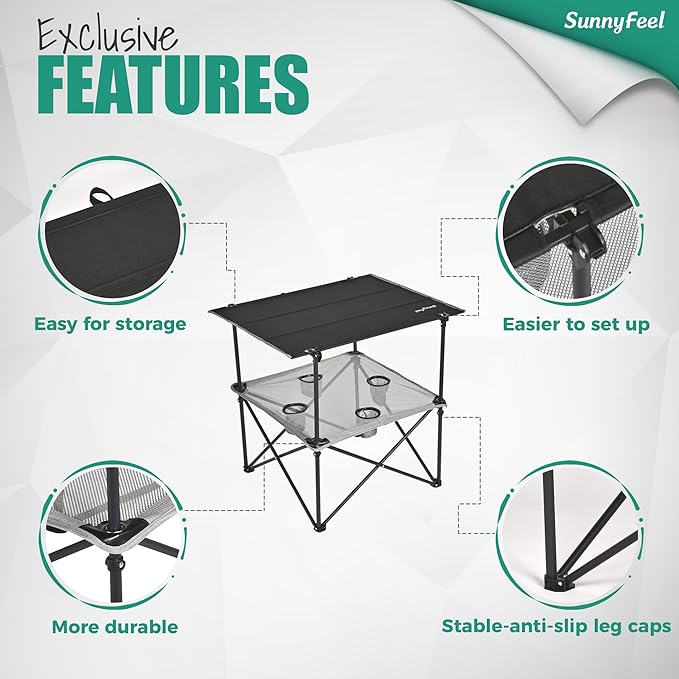 SUNNYFEEL Folding Camping Table- Collapsible Portable Beach Table with 4 Cup Holders &amp Carry Bags Tailgate Table for Outdoor Excursion Picnic Hiking Fishing Travel Parties Black