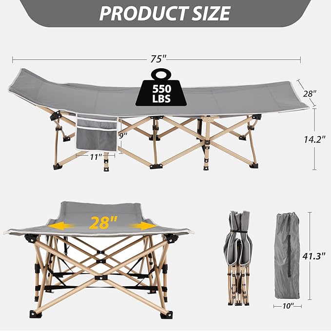 Folding Camping Cot for Sleeping Portable Cots for Adults Heavy Duty Cot Bed 550LBS(Max Load) Extra Wider Cots with Large Pocket for Outdoor Office Beach