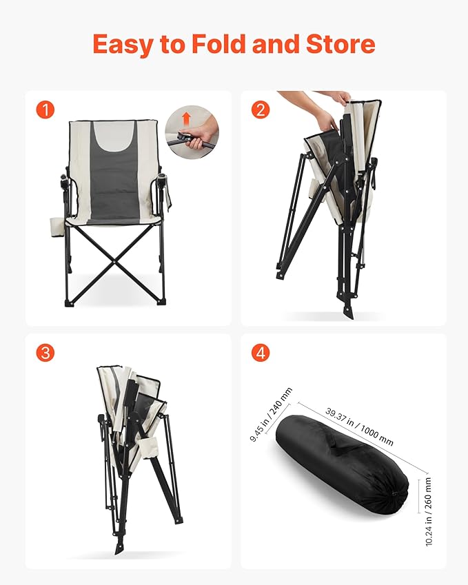 VEVOR Folding Camping Chair 3 Reclining Positions Outdoor High Back Camping Chair 260lbs Weight Capacity Full Padded Beach Chairs with Armrest &amp Headrest Portable Lawn Chairs for Sports Trave