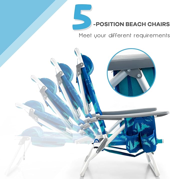 COSTWAY Backpack Beach Chairs Set 3-Piece Portable Camping Chairs with Cup Holder Ice Bag 5-Position Outdoor Reclining Chairs for Adults Travel Sunbathing Support 300 LBS Light Blue