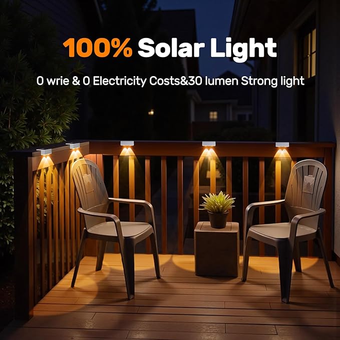 NIORSUN Solar Fence Lights12 Pack Deck LightLed Outdoor Lamp 3000K/6000K + RGB Wall LightsIP45 Waterproof Solar Powered Light for Backyard/Pool/Railing/Patio/Porch/Step (White)