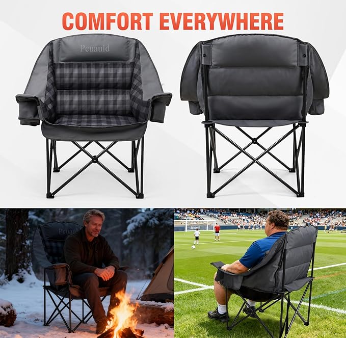 Camping Chairs for Adults 2 Pack Heavy Duty Padded Folding XL Camp Chair with Cup Holder Supports 500lbs Oversized Large Outdoor Widen Comfy Lawn Chairs for Tailgating Sports Beach
