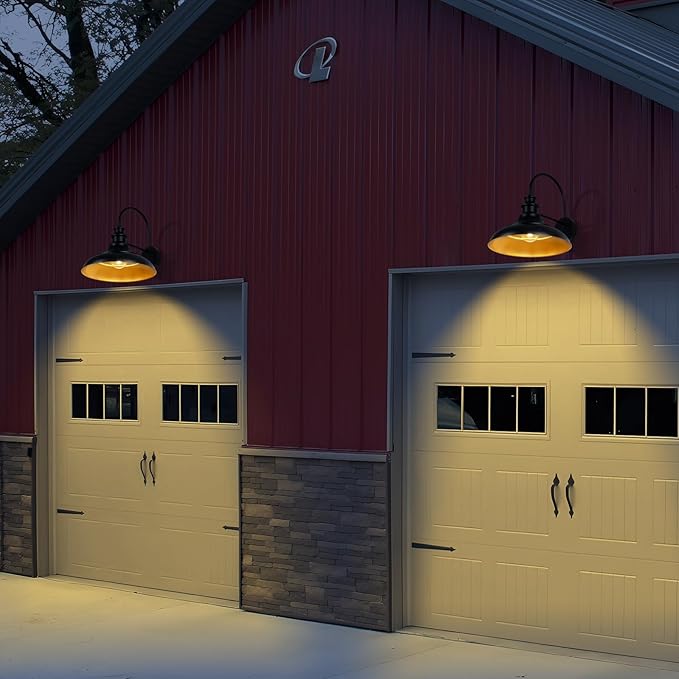 Outdoor Barn Light Fixtures 16 Inch Large Dome Farmhouse Exterior Wall Mount Lights Rustic Wall Sconces Indoor Wall Lighting Industrial Black Gold Lanterns for Porch Garage 2 Pack