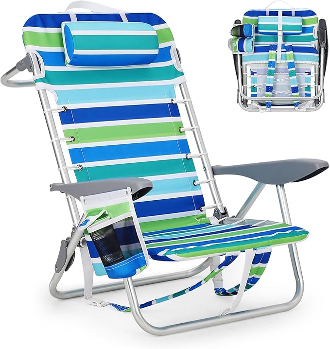 GarveeLife Backpack Beach Chair for Adults Lightweight Portable Lay Flat Folding Beach Chair with 5 Reclining Positions Backpack Straps Phone Pocket Cup Holder &amp Towel Bar