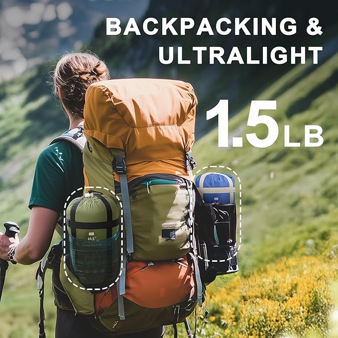 Ultralight Warm Weather Sleeping Bag - Portable Waterproof Compact Lightweight Comfort with Compression Sack - Great for Outdoor Camping Backpacking &amp Hiking