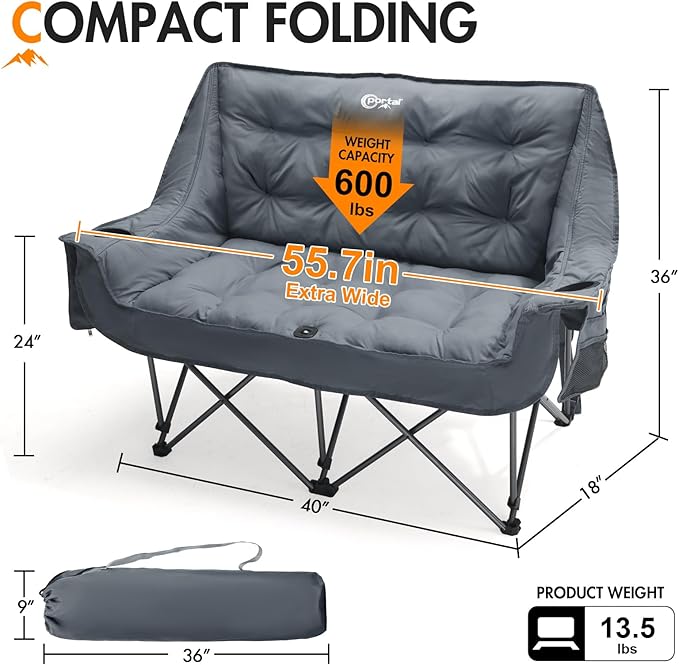 Portal Double Camping Chair 2 Person Folding Loveseat for Adults Padded Cushion Camp Lawn Love Seat with Side Pocket Portable Couch Two Person Heavy Duty Wide Chairs with Cup Holder 600 lbs