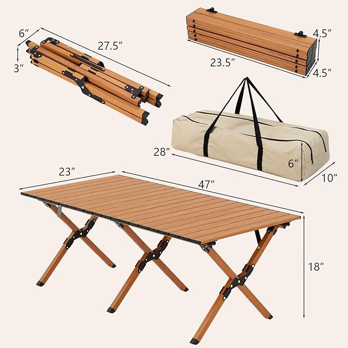 COSTWAY Folding Picnic Table Roll-Up Aluminum Camping Table with Wood Grain Portable Low Height Beach Table with Carry Bag for Camping Picnic BBQ &amp Hiking Easy Assembly Natural (47” x 23” x