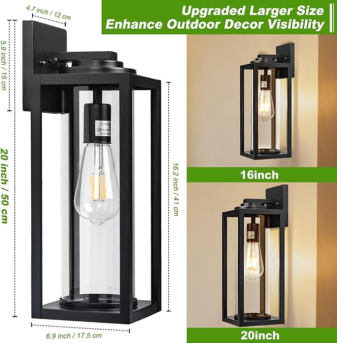 20inch Large Outdoor Wall Lights - 2 Packs Modern Black Exterior Light Fixture with Clear Glass Shade Waterproof Porch Lighting for House Farmhouse Sconces Lantern for Front Door Garage