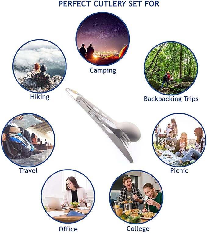 Camping Utensil Set Titanium Fork Spoon Knife 3 Piece Portable Cutlery Set Long Handle Tableware Healthy &amp Eco-Friendly for Travel Picnic Backpacking Outdoors Dishwasher Safe