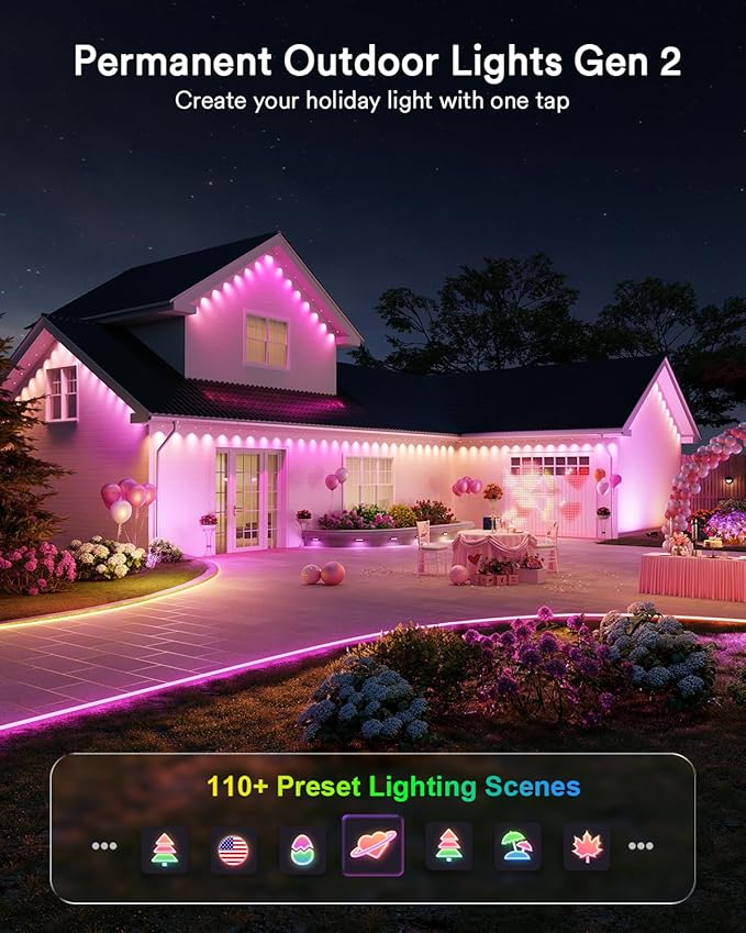 Lumary Permanent Outdoor Lights 2 with Remote for House 200ft with 120 RGBAICW LEDs 7200lm for Home Daily &amp Accent Lighting 110+ Scenes for Christmas Decor IP67 Waterproof Work with Alexa Goog