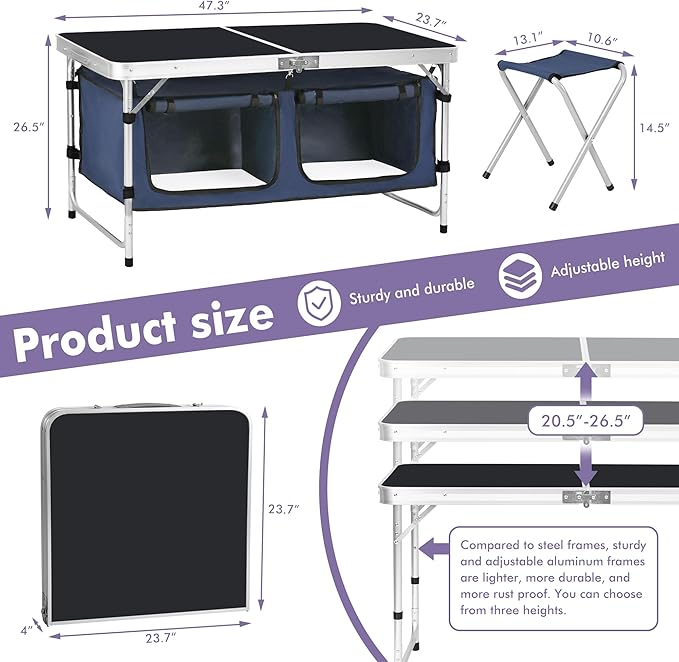 Camp Field Camping Folding Aluminum Table with Adjustable Legs for Outdoor Travel Beach Backyards BBQ Party and Picnic Foldable Table