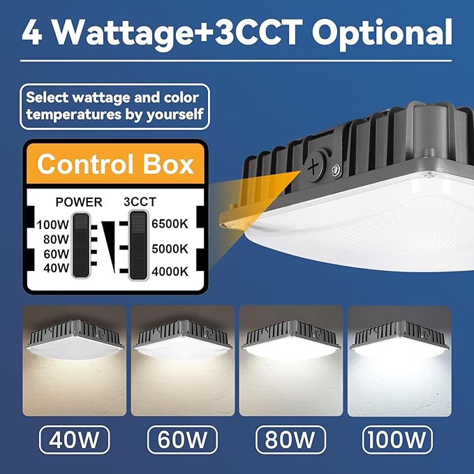 100W LED Canopy Light 4Pack Selectable Wattage 40/60/80/100W 3CCT 4000/5000/6500K Commerical LED Canopy Lights Outdoor Gas Station Square led Light for Garage Carport Dim 100-277VAC ETL Listed