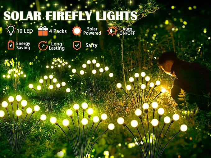 SunKite Solar Garden Lights - 4 Pack 10 LED Solar Firefly Lights Sway by Wind Outdoor Waterproof Solar Decorative Lights Solar Outdoor Lights for Yard Patio Walkway Decoration Warm White
