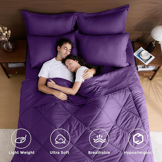 HEVUMYI Purple King Comforter Set - 7-Piece All Season Bed in a Bag King Ultra Soft Bedding Set with Comforter Flat Sheet Fitted Sheet Pillowcases Pillow Shams