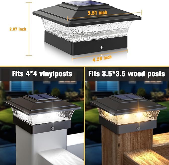 Solar Post Cap Lights Outdoor 6pack Waterproof Fence Post Lights with 16 Ultra Bright LEDs Fit 4x4 Wood/Vinyl Posts Black Deck Post Lights with Warm/Cool White for Garden Patio Porch Yard