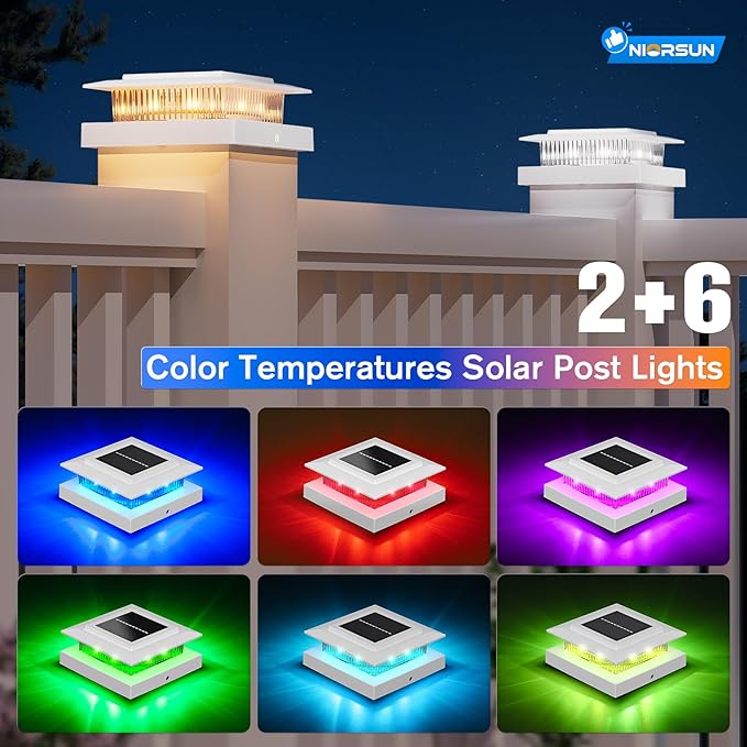 NIORSUN Solar Post Cap Lights Outdoor Waterproof 4x4 Post Solar Lights RGB Color Changing Fence Posts Solars Light for Deck Patio Garden Deco 4x4 Posts Caps Wood Vinyl 5x5 Vinyl 12 Pack (White)