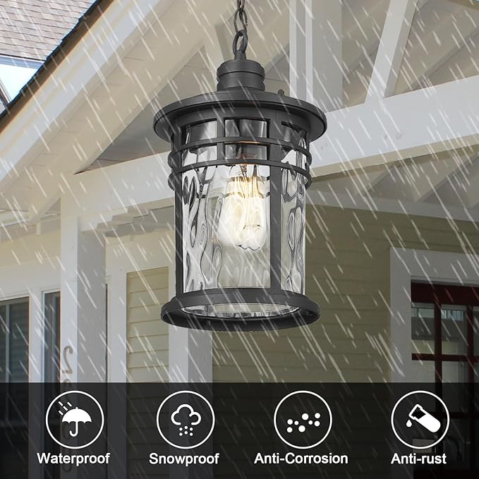 Darkaway Large Outdoor Pendant Lights for Porch 15inch Outdoor Chandelier Hanging Porch Lights Outside Ceiling Mount Aluminum with Water Ripple Glass for Front Porch Gazebo Patio