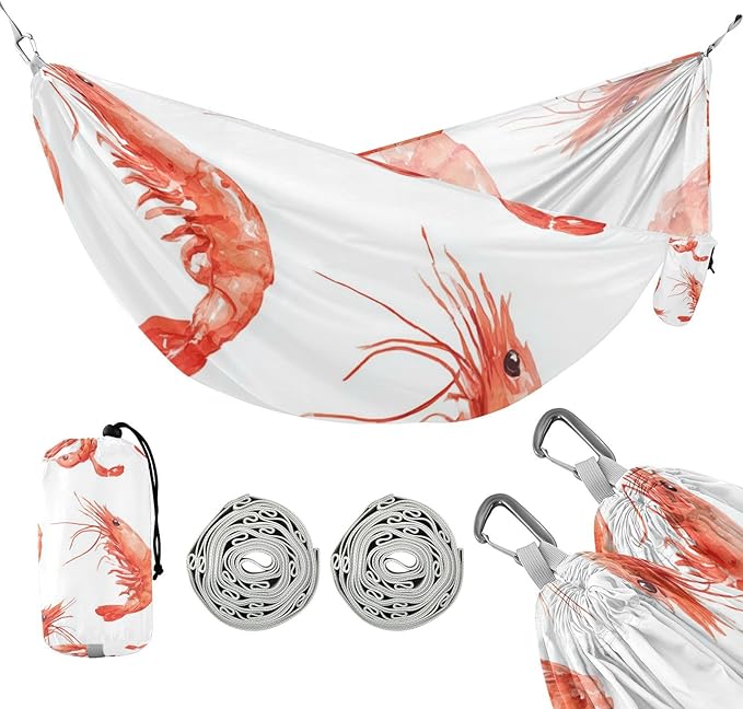 OTVEE Camping Hammock Watercolor Shrimp Art Portable Hammocks 500lb Upgraded Thickened Durable Single Hammocks with Tree Straps &amp Travel Bag for Camping Outdoor Indoor Patio Backyard