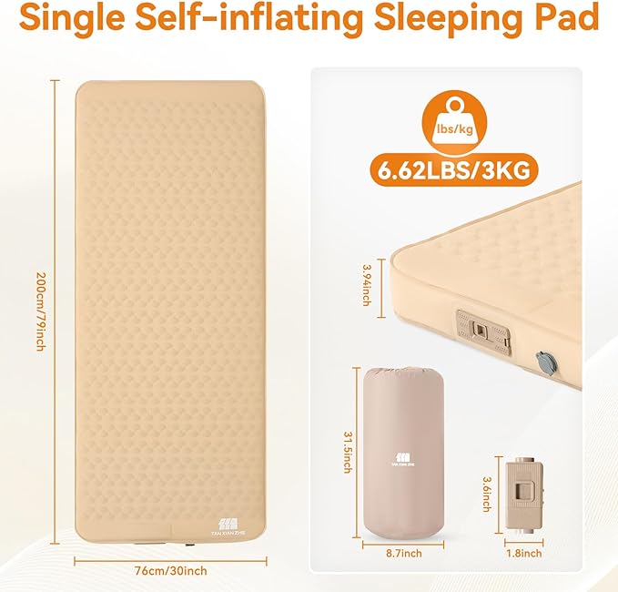 Self Inflating Sleeping Pad with Electric Pump 4 Ultra-Thick Memory Foam Single Sleeping Mats Easy Inflate&amp Deflate 9.5 R-Value Insulated Camping Mattress Pad for Camping Travel (Khaki)