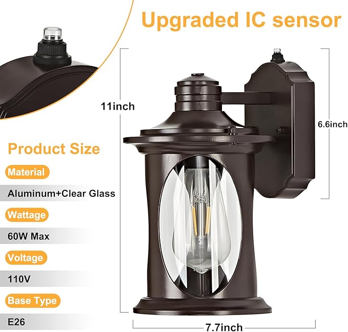 OKELI Dusk to Dawn Outdoor Lighting Porch Wall Light Fixture with E26 Waterproof Rust Resistant Exterior Lantern Lights Wall Mounted Outside Lamp for Porch Garage House(Brown)