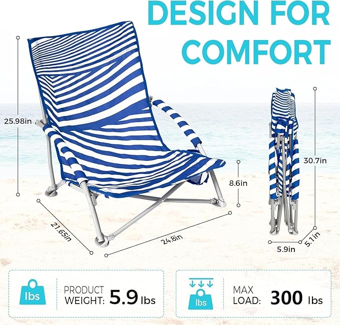 #WEJOY Beach Chair with Backpack Straps Backpack Beach Chairs Heavy Duty High Back Lightweight Low Chair for Sand Lawn Support to 300lbs Blue