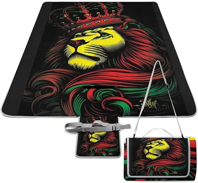 Jamaican Lion of Judah Rasta Lion King Waterproof Outdoor Picnic Blanket Sandproof Beach Mat for Camping Hiking Grass Travelling