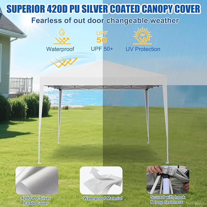 Yesker 10x10 Pop Up Canopy Tent UPF 50+ Waterproof Outdoor Canopy Portable Folding Easy Setup Gazebo Adjustable Height Instant Sun Shade Tent with Wheeled Bag for Events Parties Camping Patio White