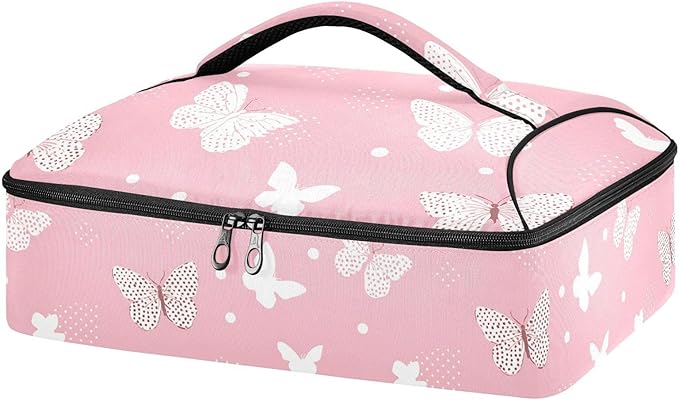 Casserole Carrier Beautiful Pink Pattern ButterfliesInsulated Casserole Carrier for Hot or Cold Food Thermal Lunch Tote for Potluck Parties Picnic Beach Fits 9 x 13 Inches Baking Dish