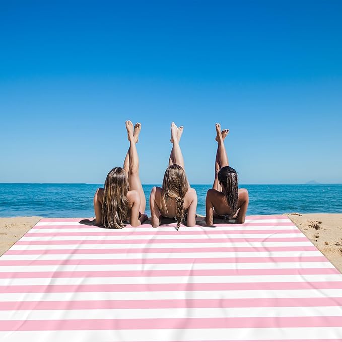 BEW Beach Blanket Sandproof Waterproof Pink Striped Picnic Blanket Extra Large 9 Ft X 10 Ft for 8 Adults with Stakes and Sand Pocket Compact Lightweight Sand Free Beach Mat Essential