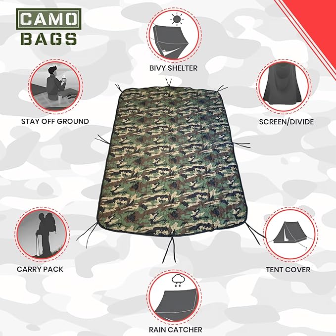 Camo Military Woobie Style Blanket- Waterproof Blankets with Adjustable Straps- 8 Pair Tie Cords military blanket with Reinforced Stitching- Ultralight RIBSTOP Travel Blanket for Camping &amp Outdoor
