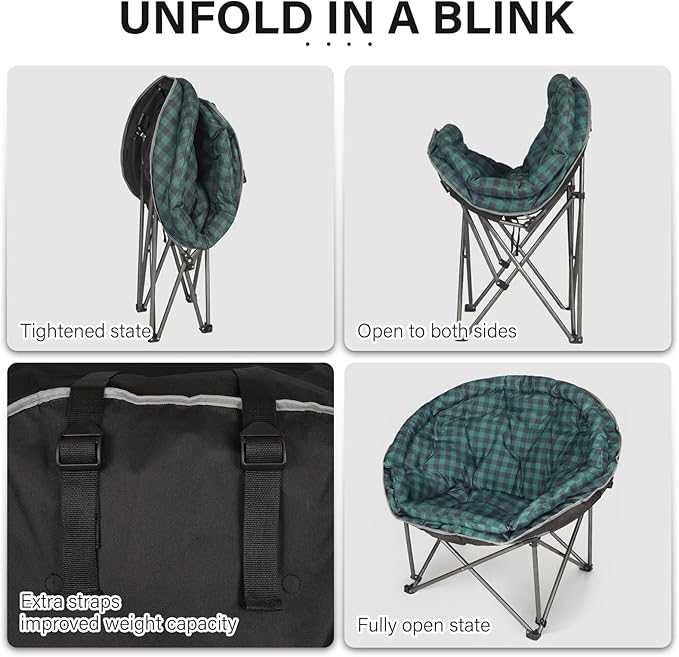 Oversized XXL Folding Round Camping ChairSuper Comfy Padded Moon Camp ChairsHeavy Duty Supports 200 Kg Outdoor Lawn Chairs for AdultsPerfect for IndoorFamily CampingHikingPicnics and Garden