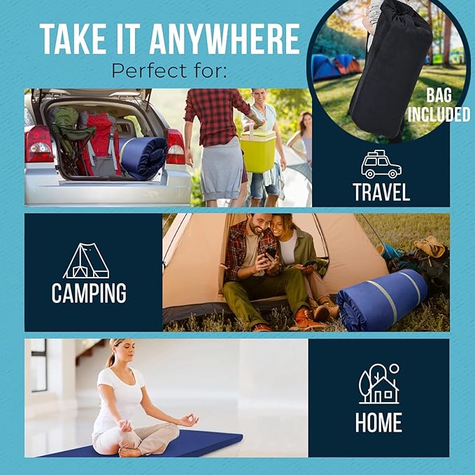 Foamma 3 x 54 x 75 Memory Foam Roll-Up Camping Mattress with Water Resistant Zipper Cover Foldable and Portable for Camping RV Bunk Tent Guest Bed Outdoor and Dorm CertiPUR-US Certified Foam