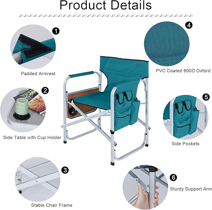 ABCCANOPY Folding Directors Chair Outdoor Camping Chair Makeup Artist Chair with Side Table &amp Pockets Lake Blue…