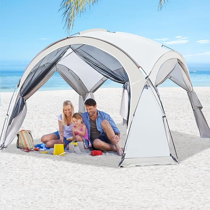 Large Beach Canopy Tent 14 X 14ft UPF 50+ Pop Up Sun Shelter for 8-10 Person Portable Beach Sun Shade with Side Walls for Camping Fishing Backyard Fishing Parties Picnics