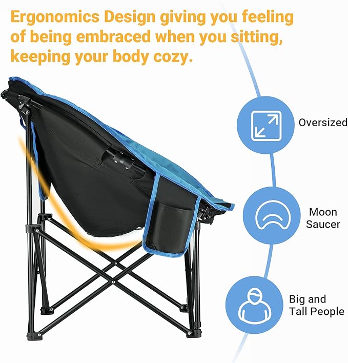 KingCamp Oversized Saucer Round Camping Chair Portable Padded Outdoor Folding Chair for Adult with Cup Holder Back Pocket Carry Bag Support Up to 300lbs Blue
