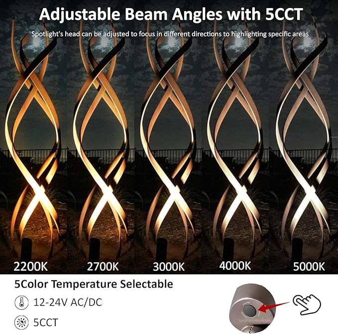 Low Voltage Landscape Spotlights Outdoor Tree Lights Wired LED 7W 5CCT Uplighting Outdoor 12V Landscape Spot Lights for Tree Wall Flag House Aluminum Black ETL Pack of 6