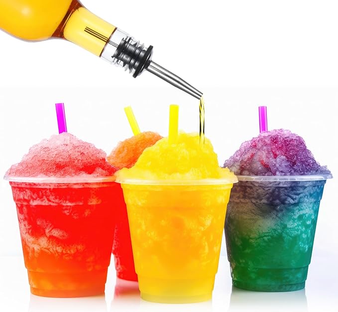 8 Sets 25 oz Plastic Liquor Bottles Long Neck Syrup Juice Bottles with Pourer and Caps Plastic Leakproof Pour Container with Stainless Steel Pourer Tapered Spout for Home Party Bar