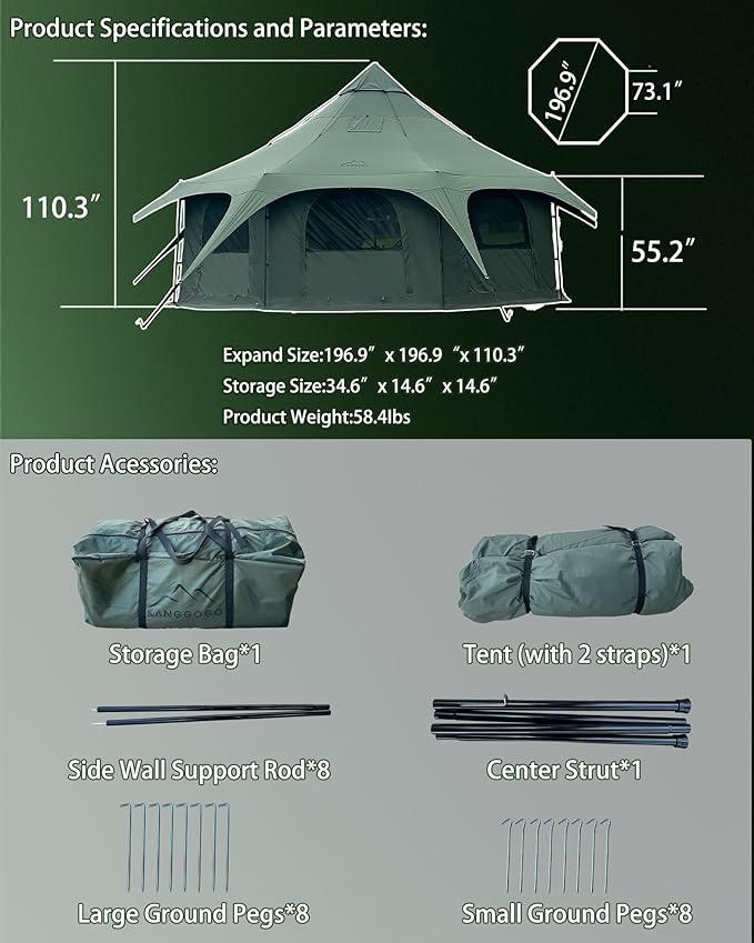 Cotton Canvas Tent Bell - Yurts Breathable and WindproofGlamping for 6/8/10Person Family Camping