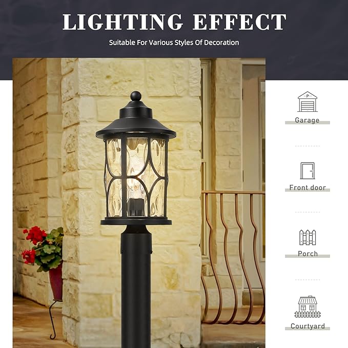 zeyu 17 Inch Black Outdoor Post Lights Modern Exterior Pole Light Lamp Posts Outdoor Lighting for Garden Patio Die-Cast Aluminum with Clear Water Ripple Glass ZX48MP-WG BK