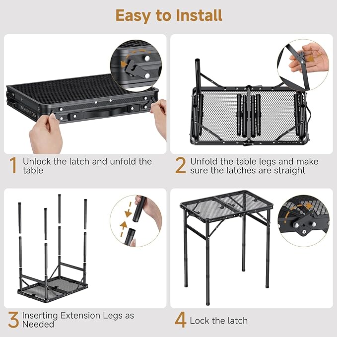 Folding Camping Table 22 x 15 Picnic Table with 3 Adjustable Height Max 27.5 Matte Black Aluminum Folding Table with Handle for Party Dining Garden Patio Market (2-Fold Mesh Tabletop)