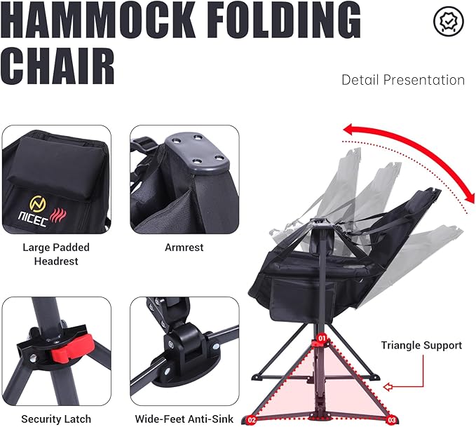 Nice C Heated Hammock Camping Chair Swing Chair Folding Rocking Chair Camping Chair High Back with Stand Cup Holder Side Pocket Heavy Duty 10000mAh Power Bank Included (Set of 2)