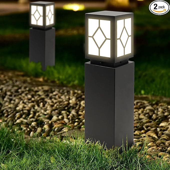 2Pack Landscape Path Lights 24 IP65 Waterproof Bollard Lights Heavy Duty Steel Stable Widened Base E27 Lamp Holder Modern Outdoor Path Lights Bollard for Lawn Patio Courtyard Driveway Lozenge