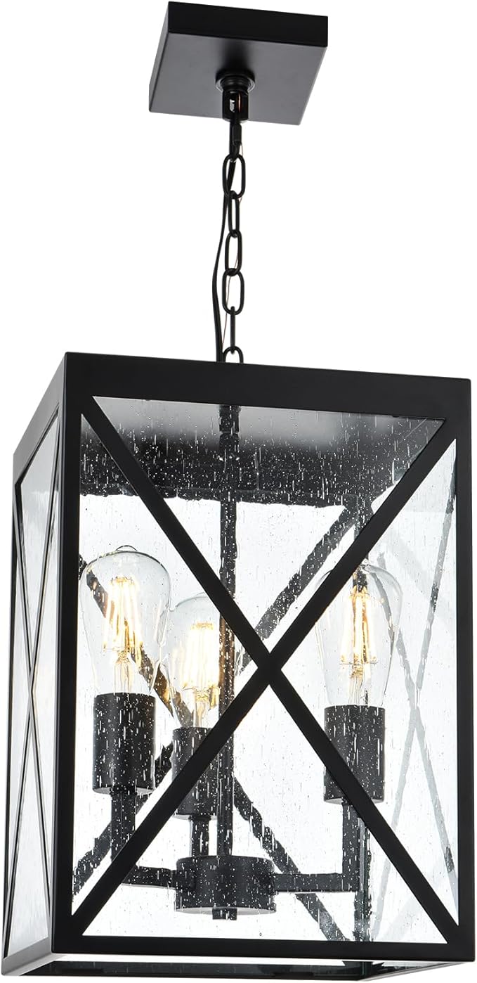 TODOLUZ Large Outdoor Pendant Light Black Exterior Ceiling Porch Light with Seeded Glass Panel Outdoor Chandelier Hanging Lantern for Garage Entryway Patio Front Door