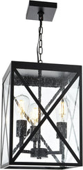 TODOLUZ Large Outdoor Pendant Light Black Exterior Ceiling Porch Light with Seeded Glass Panel Outdoor Chandelier Hanging Lantern for Garage Entryway Patio Front Door