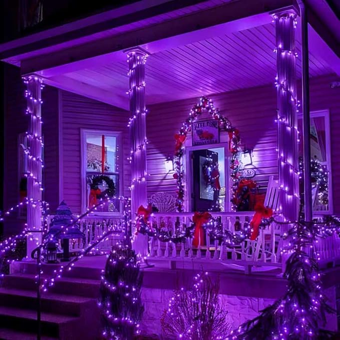 YEGUO 4 Pack Purple Solar Fairy Lights Each 33ft 100 LED Christmas Lights Outdoor Waterproof 8 Modes Sliver Wire Solar String Lights