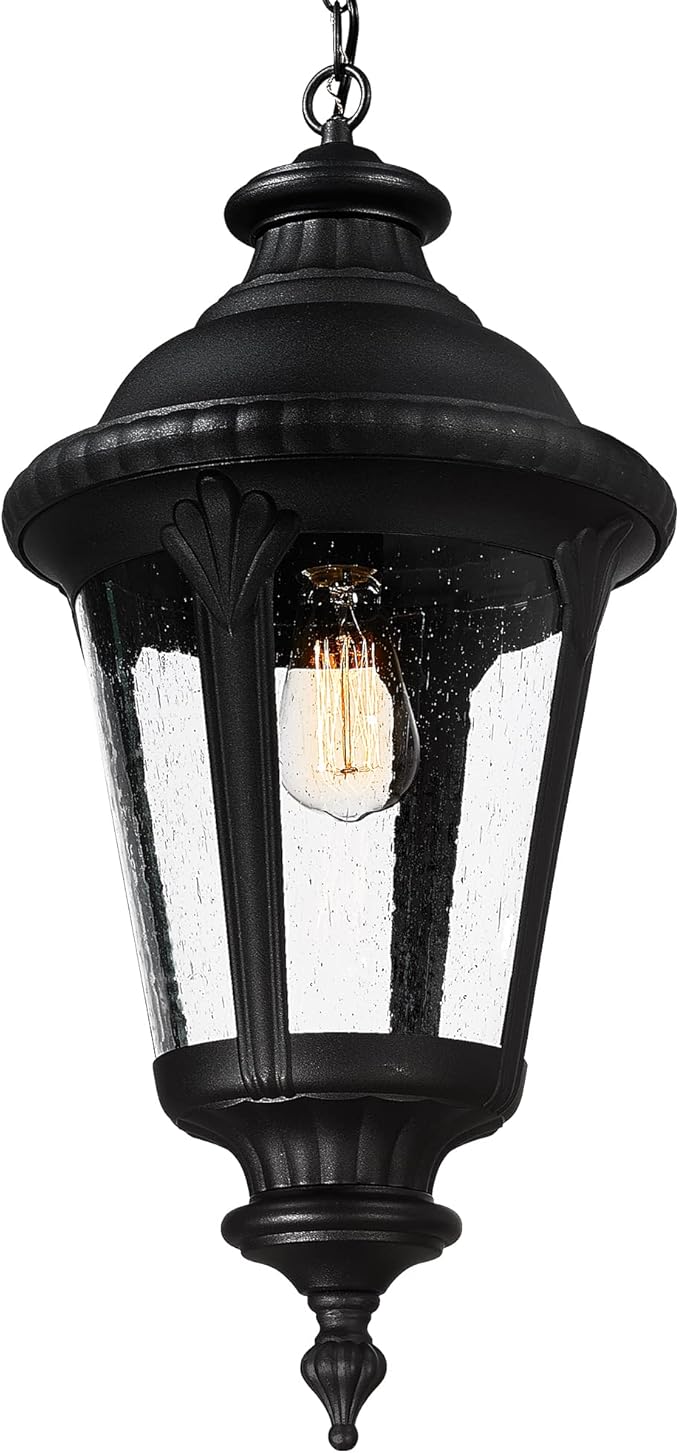 Emliviar Vintage Farmhouse Outdoor Hanging Light Lantern 25 Inch Large Exterior Pendant Light Ceiling Mount with Seeded Glass Black Finish XE265H BK