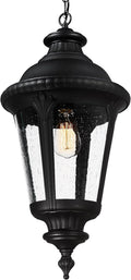 Emliviar Vintage Farmhouse Outdoor Hanging Light Lantern 25 Inch Large Exterior Pendant Light Ceiling Mount with Seeded Glass Black Finish XE265H BK